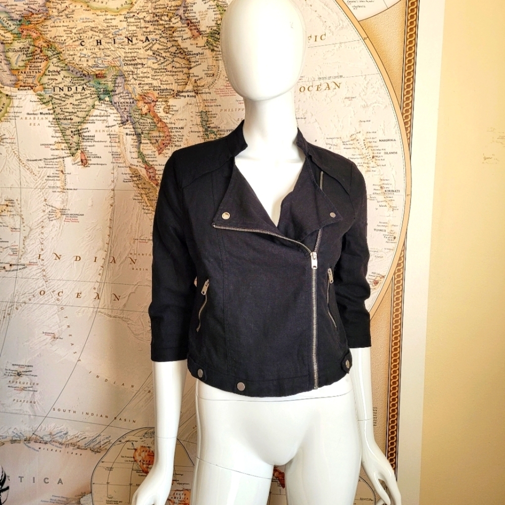 a.n.a. black linen blend edgy lined cropped moto jacket zippers goth metal S/P